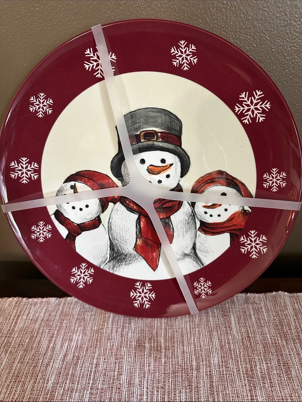 St. Nicholas Square Red and White Snowman Trio Salad Plates Set of 4 Melamine